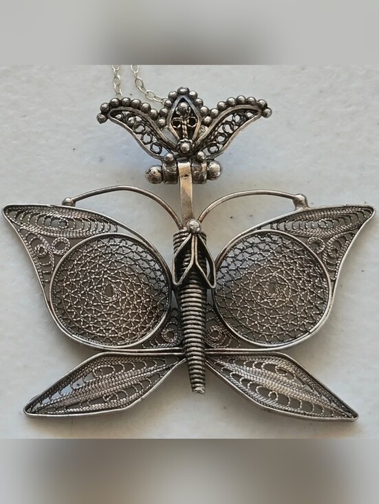 Jewelry - Vintage Turkish 925 S. Silver Filigree Butterfly Necklace Statement Pendant